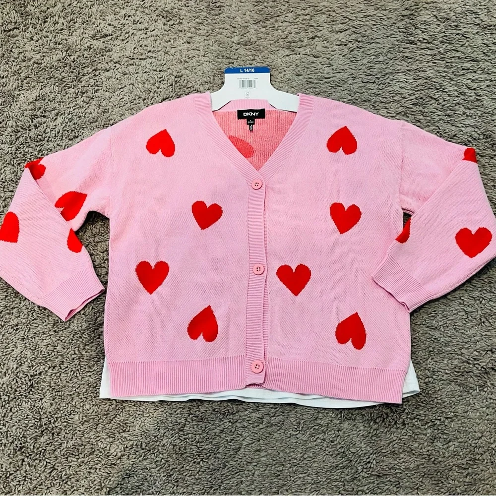 DKNY Pink and Red Hearts Cardigan with White T-shirt NEW
